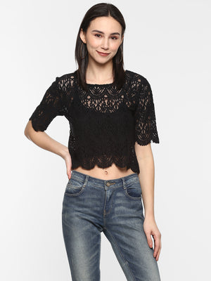 Porsorte Women Black Net Crochet Lace Crop Top