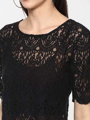 Porsorte Women Black Net Crochet Lace Crop Top