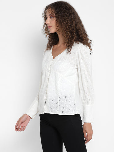 Porsorte Women White Bishop Sleeves Cotton Schiffli Shirt