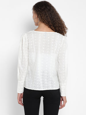 Porsorte Women White Bishop Sleeves Cotton Schiffli Shirt