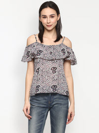 Porsorte Women Printed Floral Cold Shoulder Spagetti Strap Top