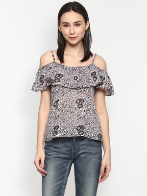 Porsorte Women Printed Floral Cold Shoulder Spagetti Strap Top