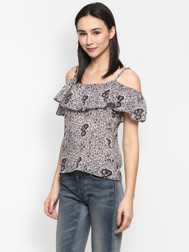 Porsorte Women Printed Floral Cold Shoulder Spagetti Strap Top