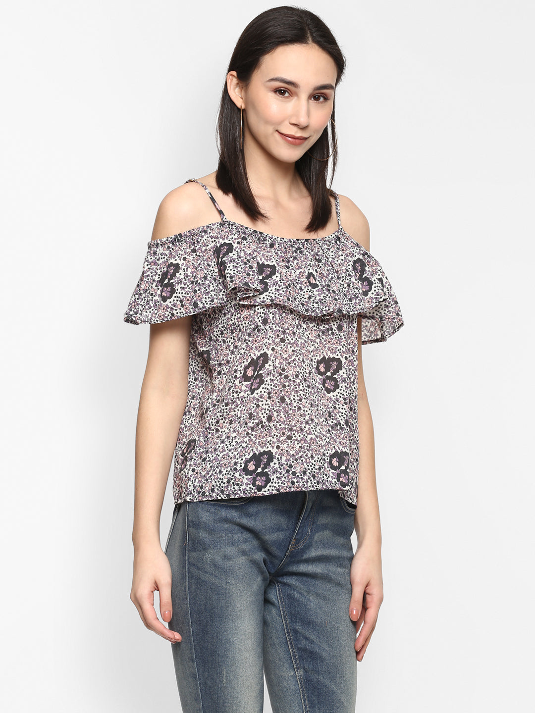 Porsorte Women Printed Floral Cold Shoulder Spagetti Strap Top