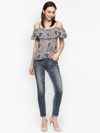 Porsorte Women Printed Floral Cold Shoulder Spagetti Strap Top