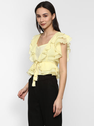 Porsorte Women Yellow Chiffon Shrug Top Without Lining