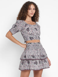 Porsorte Women Cotton Floral Printed Short Crop Top and Skirt Set