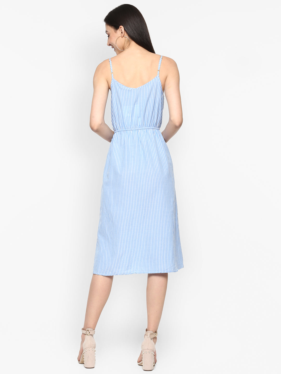 Porsorte Women Bluewhite Striped Shoulderstrap Cotton Shirt Dress