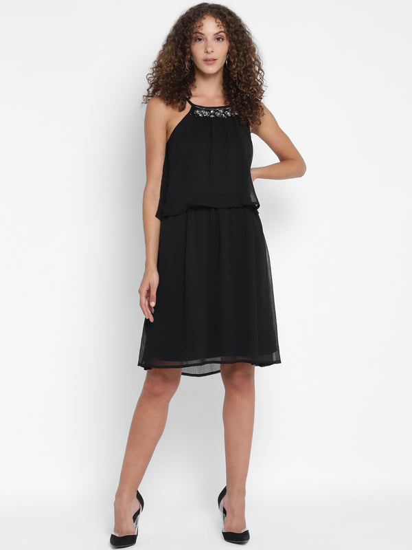 Porsorte Women Black Chiffon Sequins and Studs Embellished Halter Neck Shift Dress
