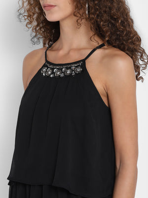 Porsorte Women Black Chiffon Sequins and Studs Embellished Halter Neck Shift Dress