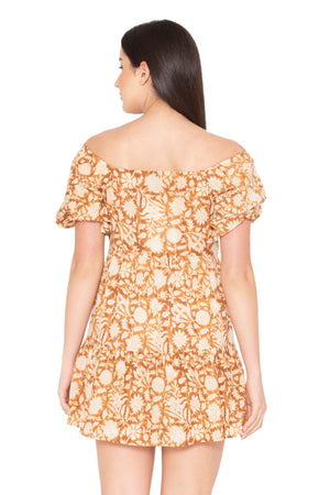 Porsorte Womens Cotton Printed Brown Flared Dress