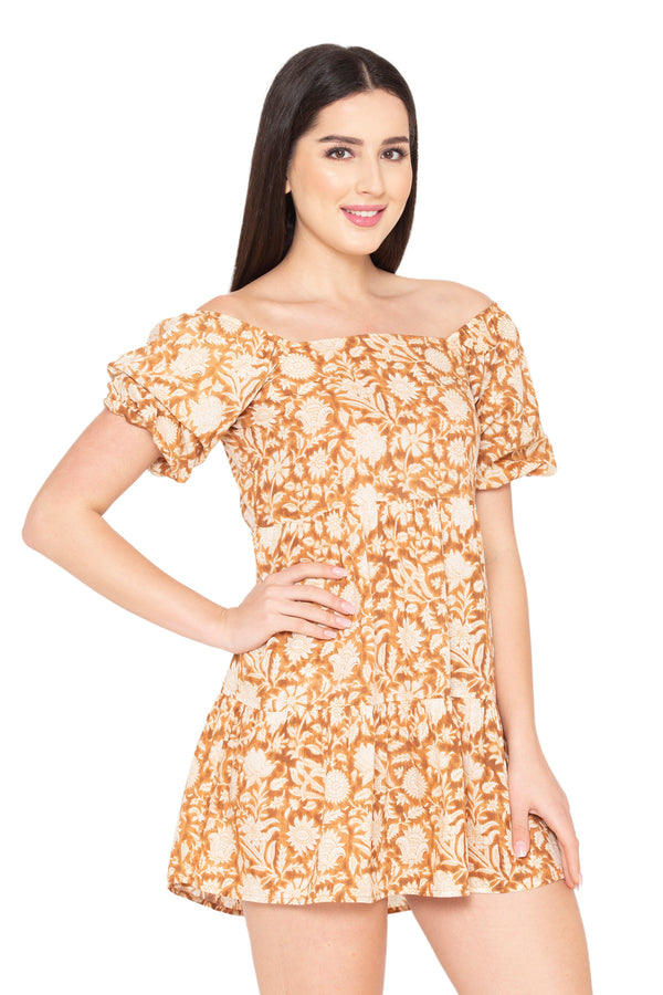 Porsorte Womens Cotton Printed Brown Flared Dress
