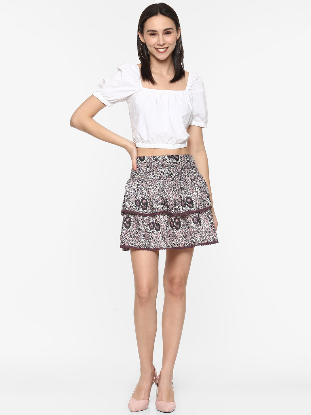 Porsorte Women Cotton Floral Printed Short Layered Skirt