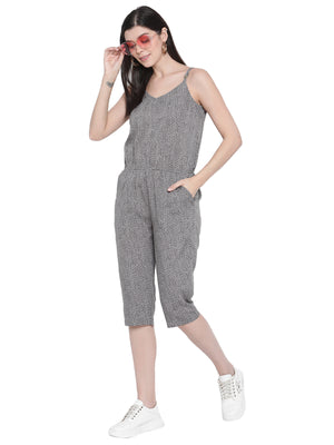 Porsorte Womens Spagetti Straps Poly Crepe Grey Printed Cullotes Jumpsuit