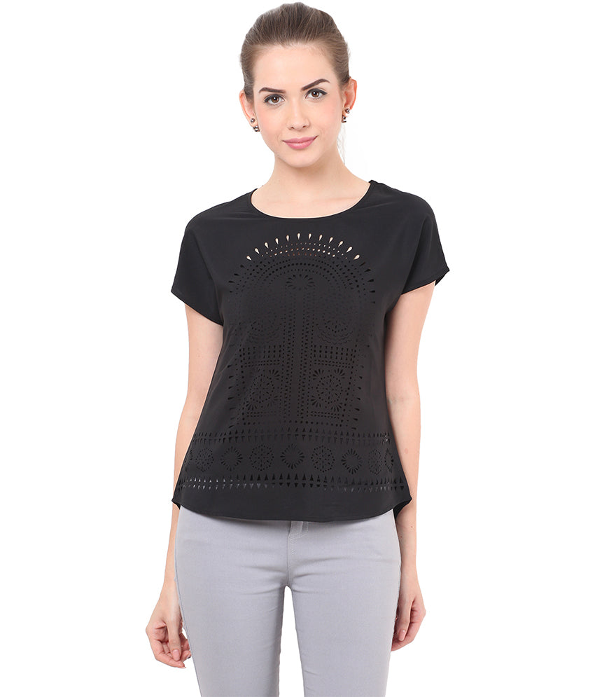 PORSORTE Women's Polyester Solid Black Laser Cut Top - www.porsorte.in