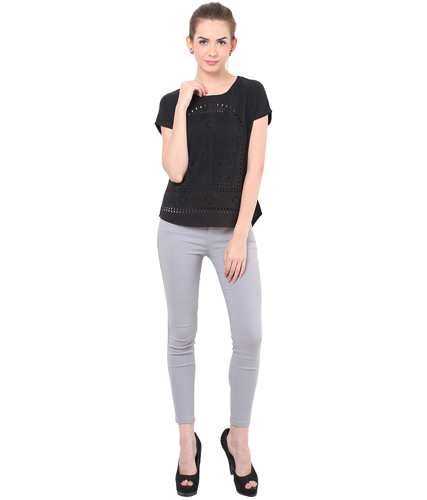 PORSORTE Women's Polyester Solid Black Laser Cut Top - www.porsorte.in