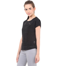 PORSORTE Women's Polyester Solid Black Laser Cut Top - www.porsorte.in