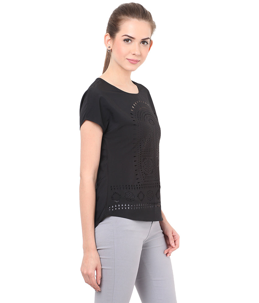 PORSORTE Women's Polyester Solid Black Laser Cut Top - www.porsorte.in