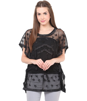 PORSORTE Women's Polyester Solid Black Lace Kaftan Top - www.porsorte.in