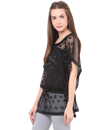 PORSORTE Women's Polyester Solid Black Lace Kaftan Top - www.porsorte.in