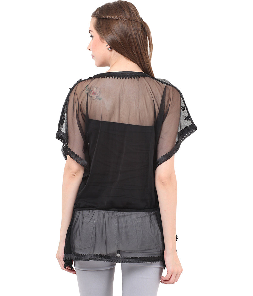 PORSORTE Women's Polyester Solid Black Lace Kaftan Top - www.porsorte.in