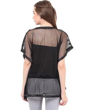 PORSORTE Women's Polyester Solid Black Lace Kaftan Top - www.porsorte.in