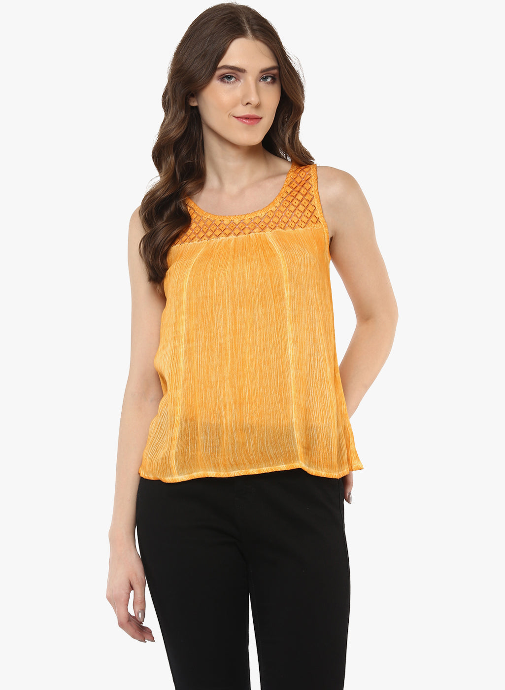 PORSORTE Women's Yellow Rayon crepe Top with lace details - www.porsorte.in