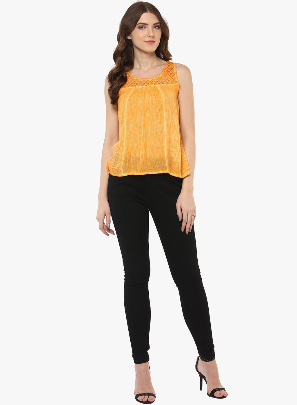 PORSORTE Women's Yellow Rayon crepe Top with lace details - www.porsorte.in