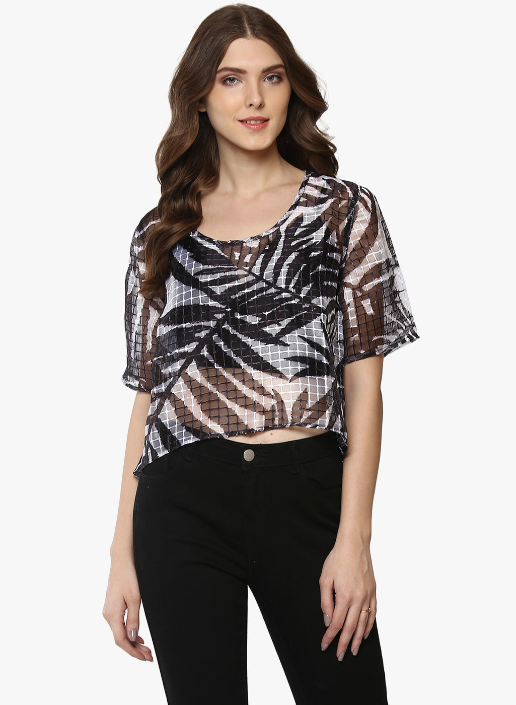 PORSORTE Women's Black/White Printed Polyester Top - www.porsorte.in