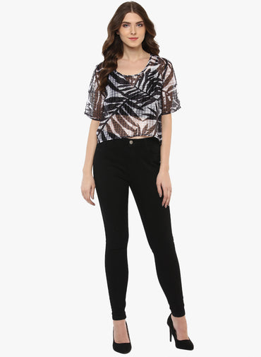 PORSORTE Women's Black/White Printed Polyester Top - www.porsorte.in