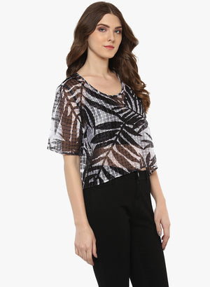 PORSORTE Women's Black/White Printed Polyester Top - www.porsorte.in