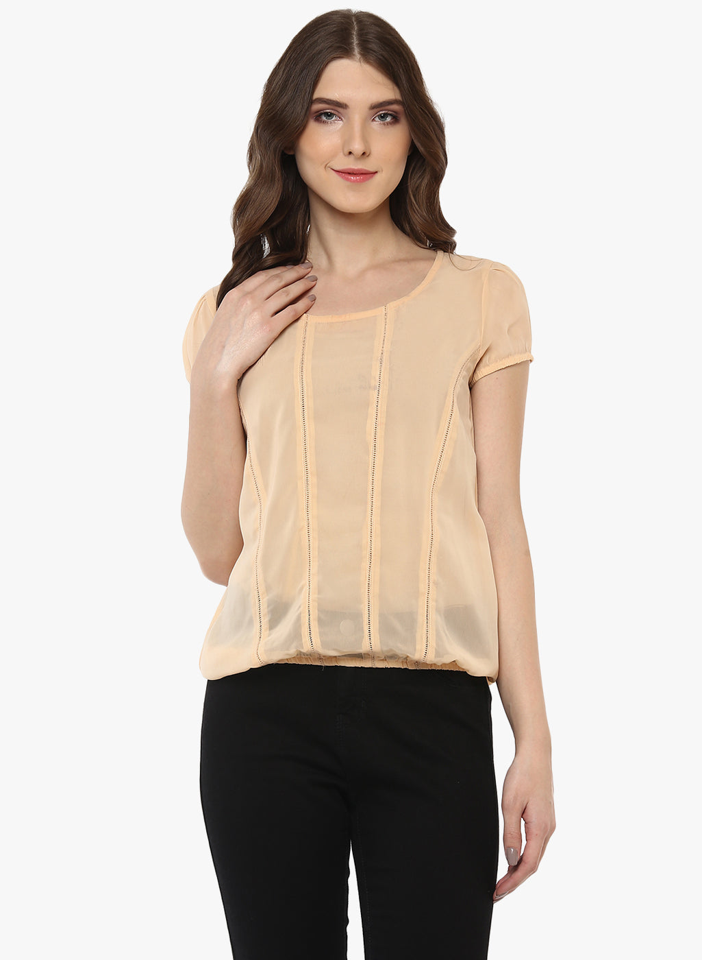 PORSORTE Women's Beige Georgette Lacy Top - www.porsorte.in