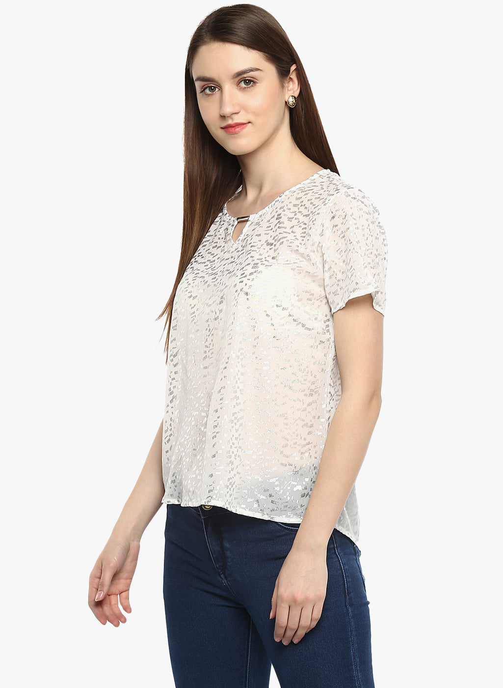 Porsorte Foil Print Offwhite mesh Spandex Top - www.porsorte.in