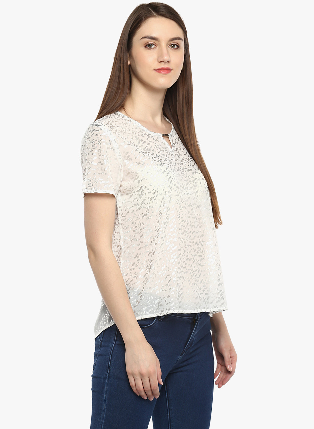 Porsorte Foil Print Offwhite mesh Spandex Top - www.porsorte.in
