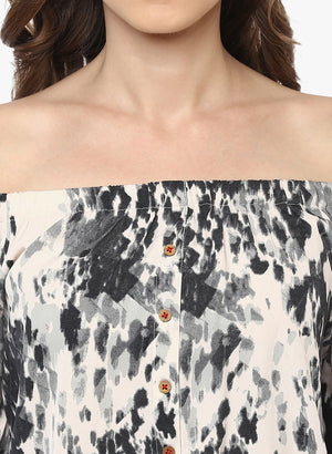 PORSORTE Women's Pink Grey Cold Shoulder Printed Top - www.porsorte.in