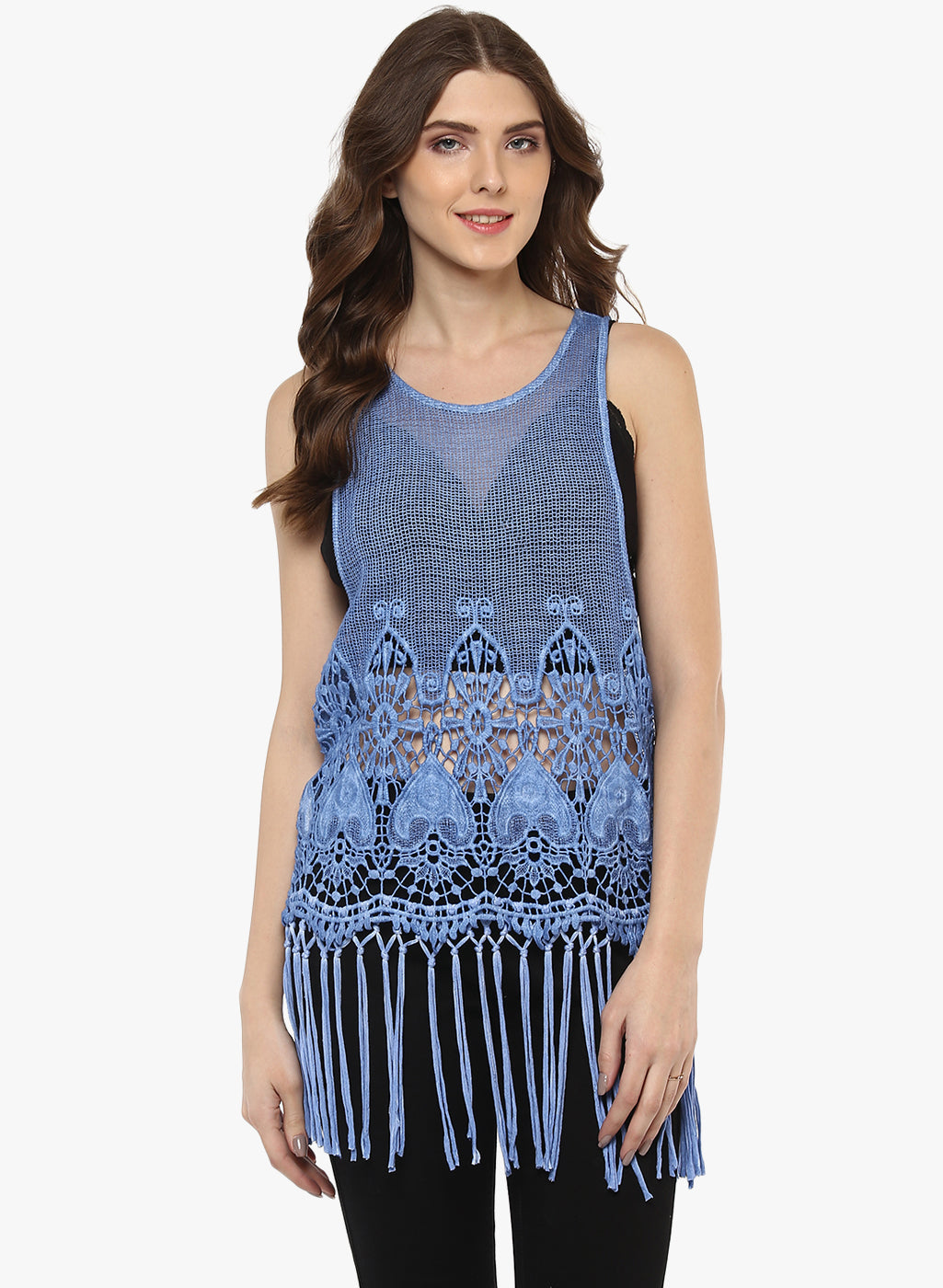 PORSORTE Women's Cotton Blue Pigment washed crochet top with fringes - www.porsorte.in