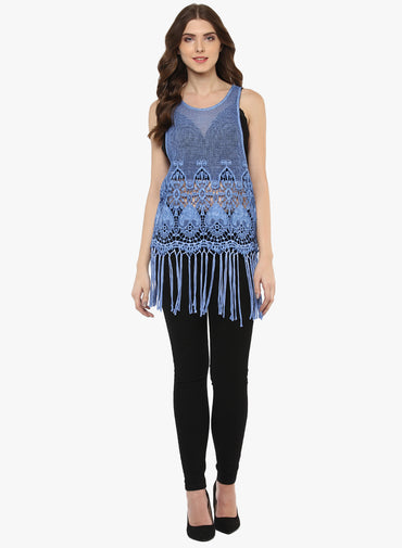 PORSORTE Women's Cotton Blue Pigment washed crochet top with fringes - www.porsorte.in