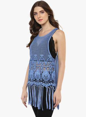 PORSORTE Women's Cotton Blue Pigment washed crochet top with fringes - www.porsorte.in
