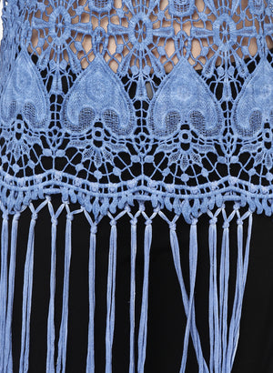 PORSORTE Women's Cotton Blue Pigment washed crochet top with fringes - www.porsorte.in