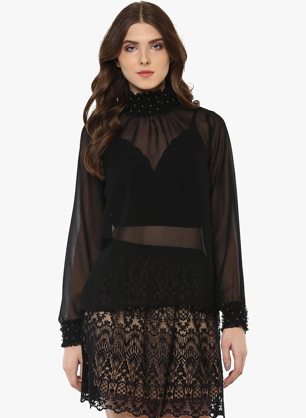 PORSORTE Fine Polyester Georgette Hand Work Sheer Top - www.porsorte.in