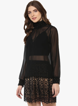PORSORTE Fine Polyester Georgette Hand Work Sheer Top - www.porsorte.in