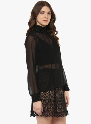 PORSORTE Fine Polyester Georgette Hand Work Sheer Top - www.porsorte.in