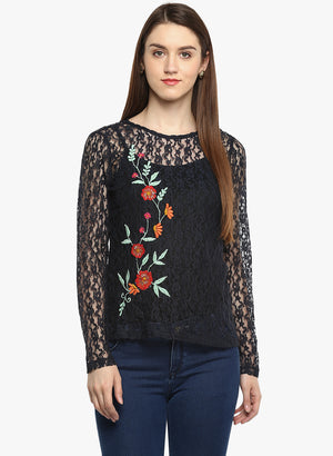 PORSORTE Navy Crochet Embroidery Long Lace  Sleeve Top - www.porsorte.in