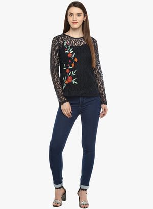 PORSORTE Navy Crochet Embroidery Long Lace  Sleeve Top - www.porsorte.in