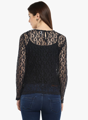PORSORTE Navy Crochet Embroidery Long Lace  Sleeve Top - www.porsorte.in