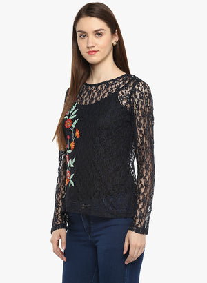 PORSORTE Navy Crochet Embroidery Long Lace  Sleeve Top - www.porsorte.in