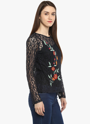 PORSORTE Navy Crochet Embroidery Long Lace  Sleeve Top - www.porsorte.in