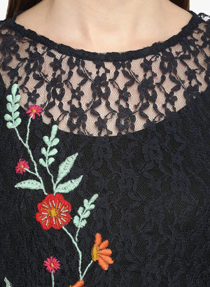 PORSORTE Navy Crochet Embroidery Long Lace  Sleeve Top - www.porsorte.in