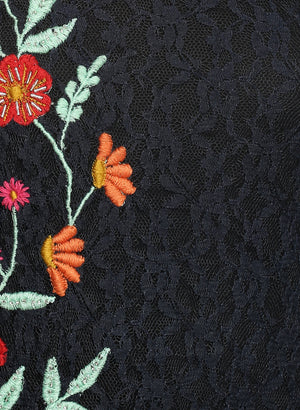 PORSORTE Navy Crochet Embroidery Long Lace  Sleeve Top - www.porsorte.in