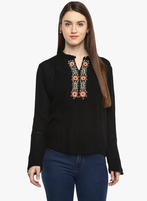 PORSORTE Viscose Crepe Thread Embroidery Neckline Bell Sleeve Top - www.porsorte.in